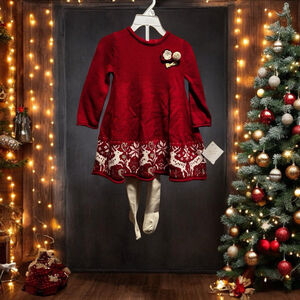 New Heirloom by Polly Flinders Reindeer Sweater Dress & Tights 12 mos Christmas